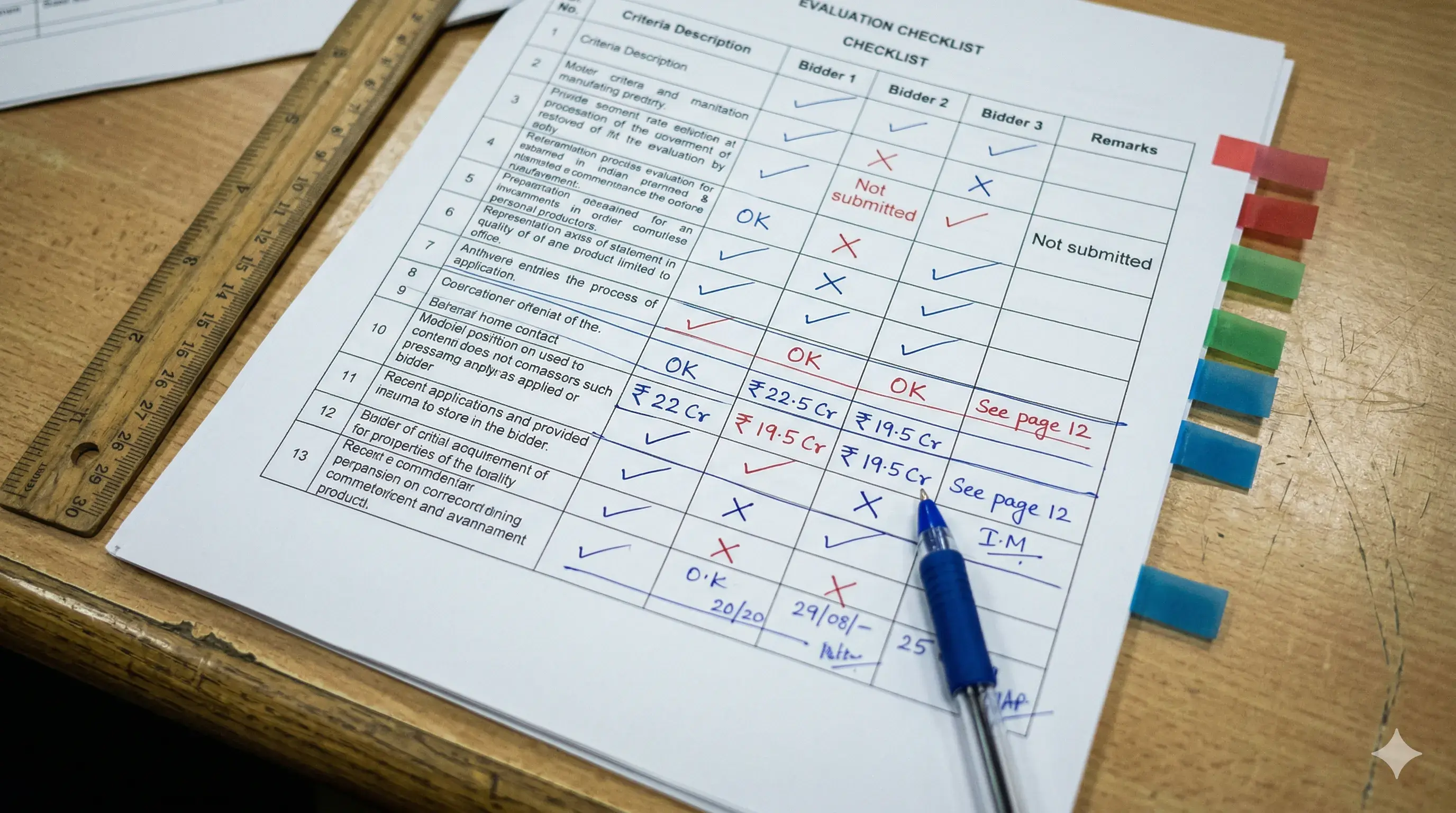 A completed evaluation sheet with AI-generated scores, confidence markers, and page references