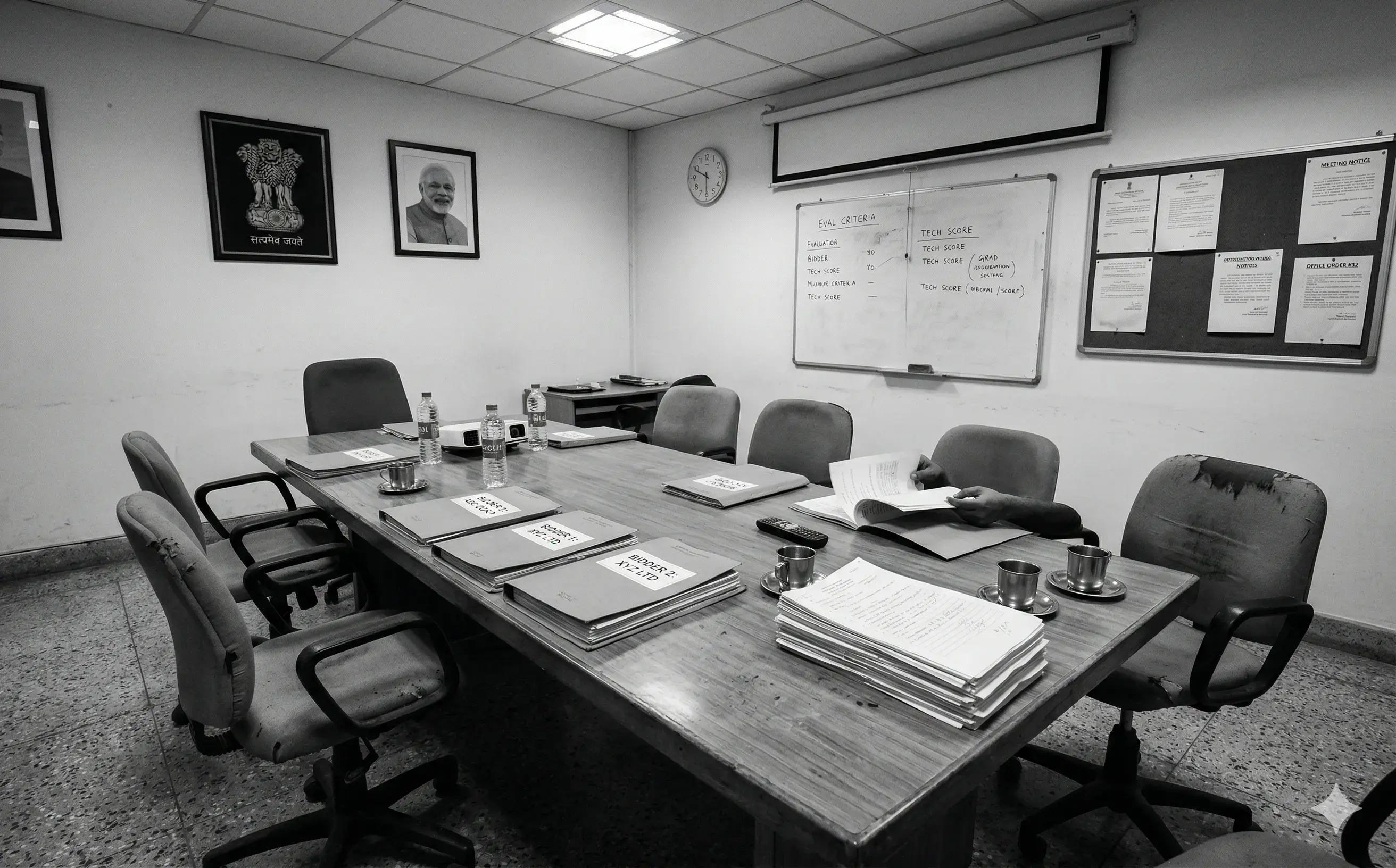 Government procurement officer evaluating PSU tender documents