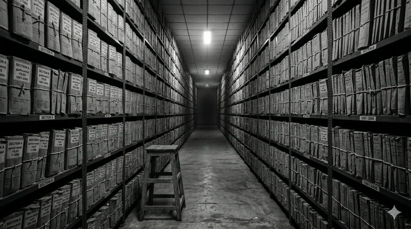 An aisle of archived tender files and records